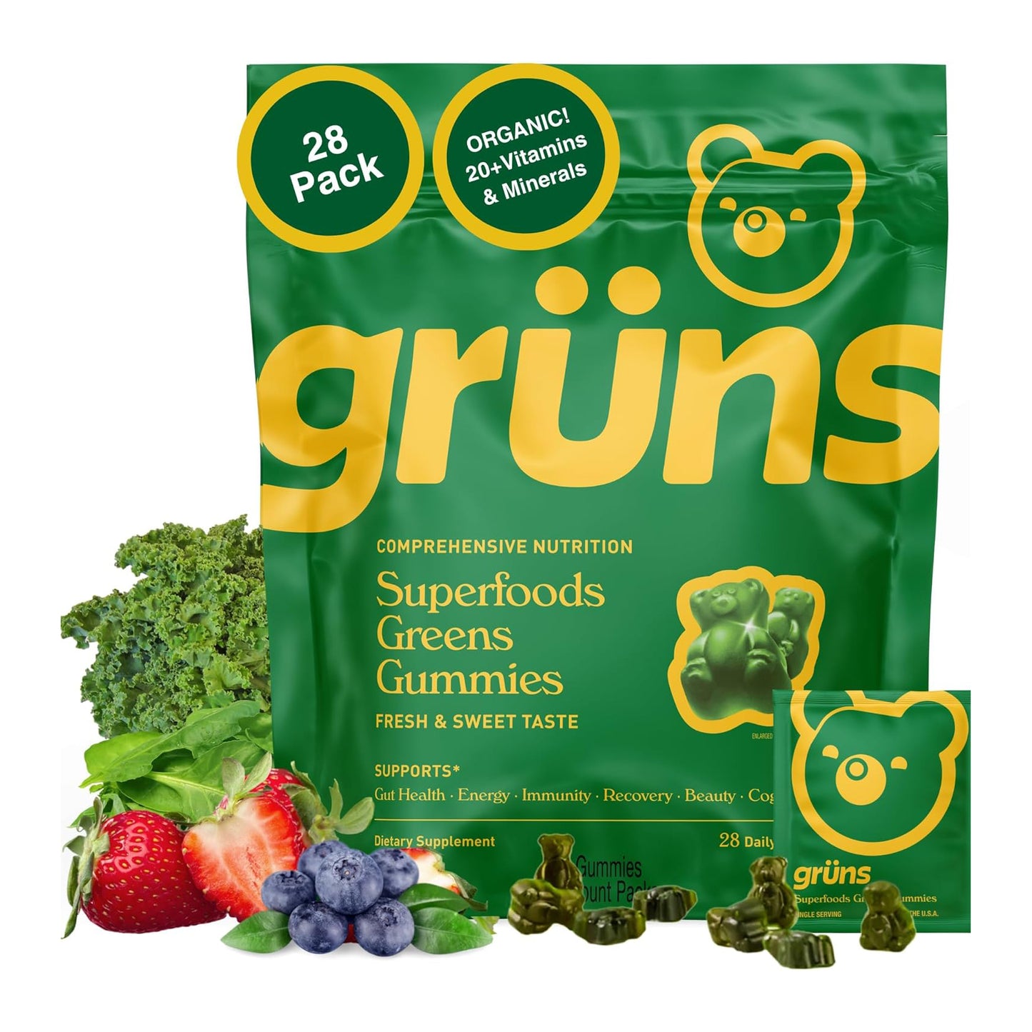 Gruns Adults Super Greens Multivitamin Gummies, Superfood Vitamin Gummy Bears with Spirulina, Chlorella, Prebiotic Fiber for Digestive Health, 20 Vitamins & Minerals, 28 Count