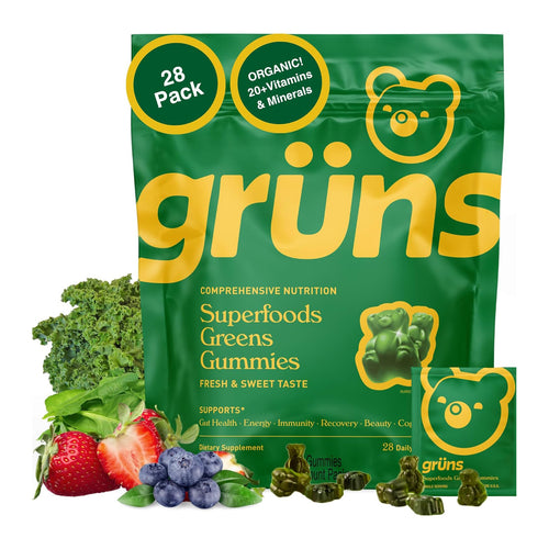 Gruns Adults Super Greens Multivitamin Gummies, Superfood Vitamin Gummy Bears with Spirulina, Chlorella, Prebiotic Fiber for Digestive Health, 20 Vitamins & Minerals, 28 Count