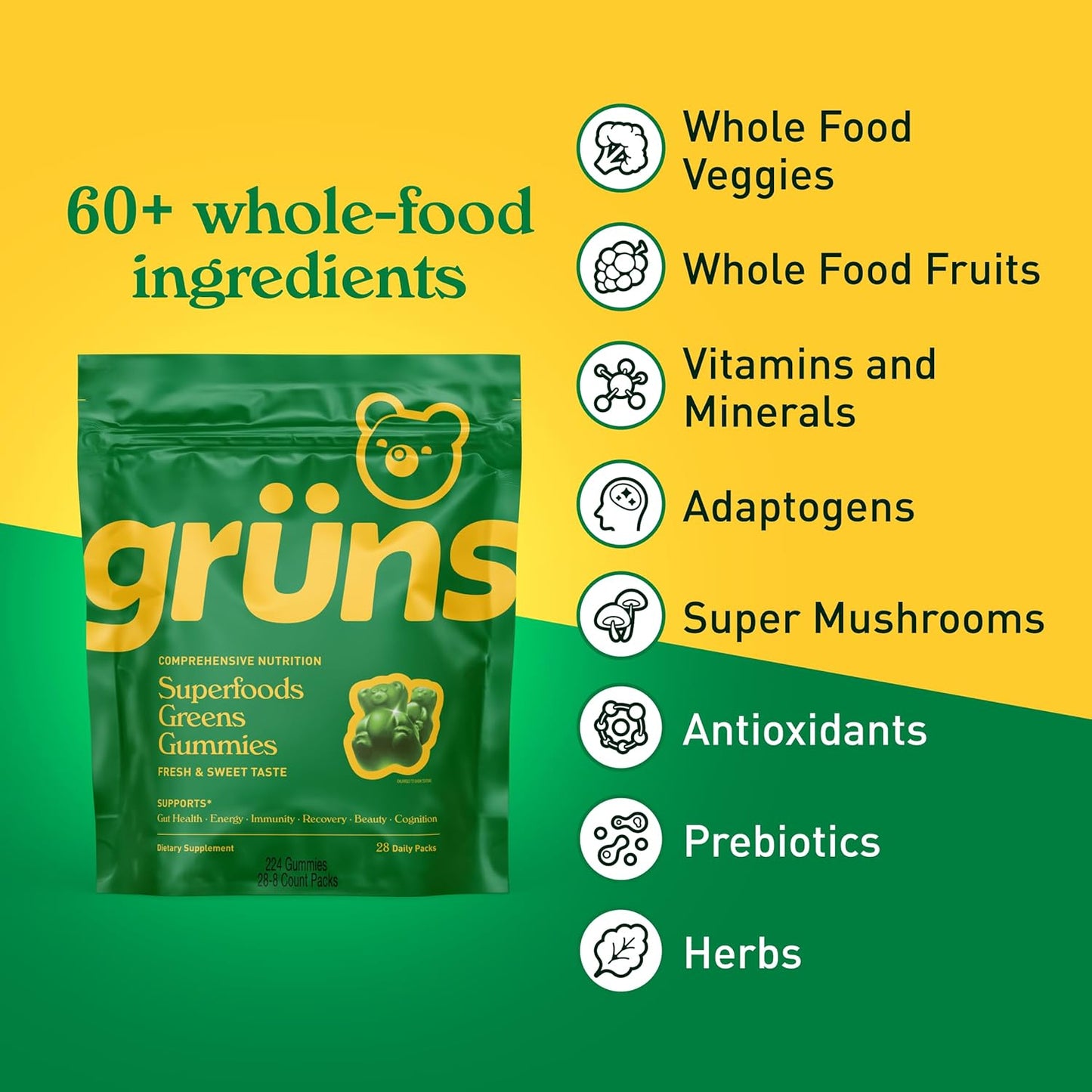 Gruns Adults Super Greens Multivitamin Gummies, Superfood Vitamin Gummy Bears with Spirulina, Chlorella, Prebiotic Fiber for Digestive Health, 20 Vitamins & Minerals, 28 Count