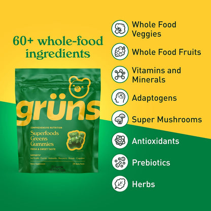 Gruns Adults Super Greens Multivitamin Gummies, Superfood Vitamin Gummy Bears with Spirulina, Chlorella, Prebiotic Fiber for Digestive Health, 20 Vitamins & Minerals, 28 Count