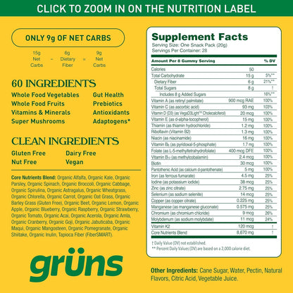 Gruns Adults Super Greens Multivitamin Gummies, Superfood Vitamin Gummy Bears with Spirulina, Chlorella, Prebiotic Fiber for Digestive Health, 20 Vitamins & Minerals, 28 Count